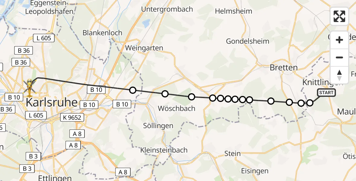 Flugroute Rettungshubschrauber Knittlingen - Karlsruhe, 11 Februar 2026, 11:04