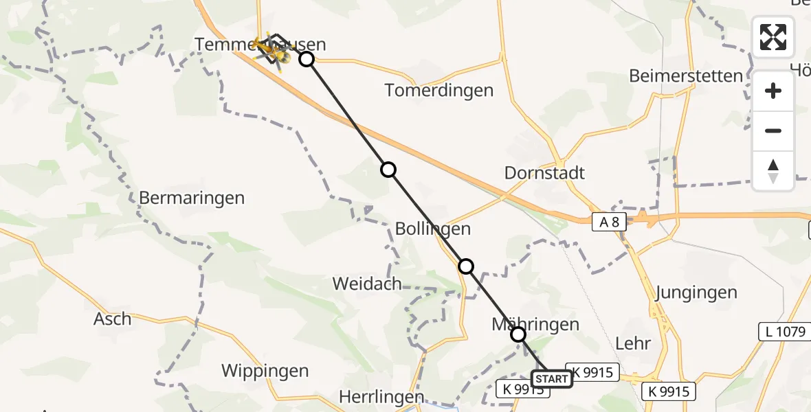 Flugroute Rettungshubschrauber ADAC Air Rescue Station Ulm (Christoph 22) - Temmenhausen, 11 Februar 2026, 11:11