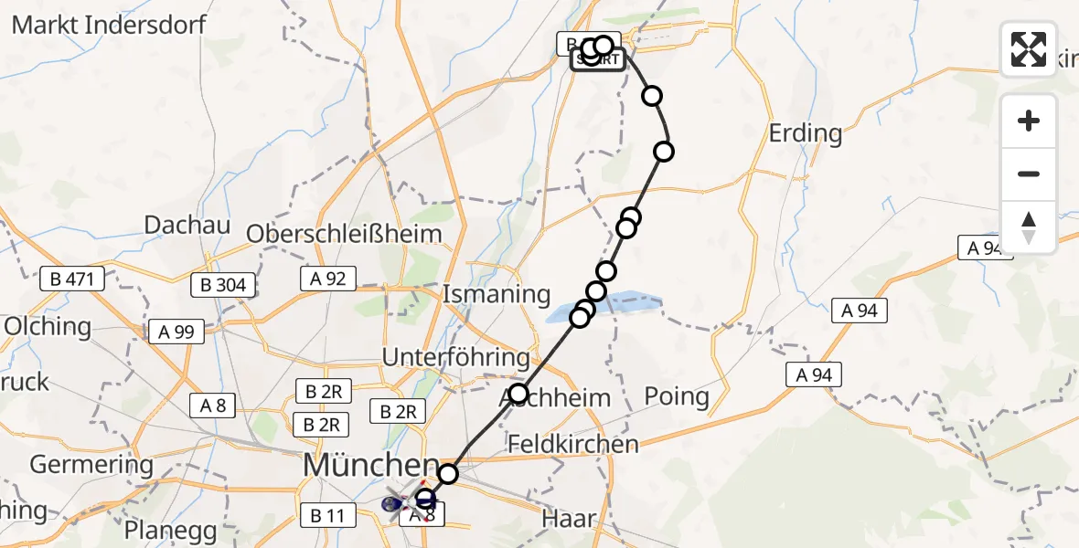 Flugroute Polizeihubschrauber Munich Airport - Ramersdorf-Perlach, 11 Februar 2026, 11:12