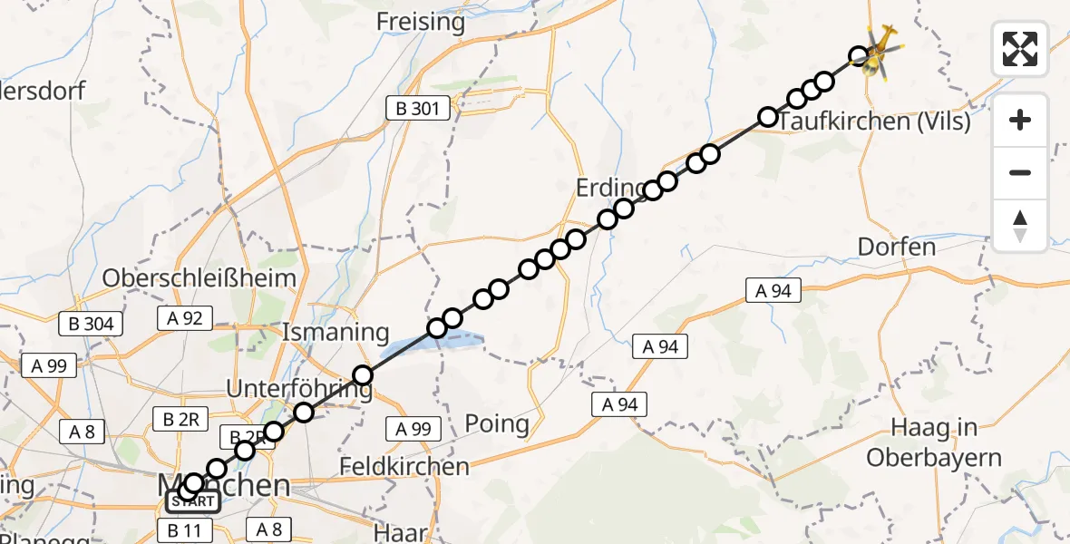 Flugroute Rettungshubschrauber Ludwigsvorstadt-Isarvorstadt - Hohenpolding, 11 Februar 2026, 11:17