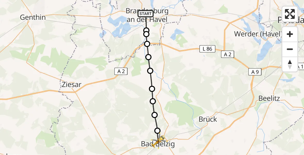 Flugroute Rettungshubschrauber Brandenburg an der Havel - Bad Belzig, 11 Februar 2026, 11:21