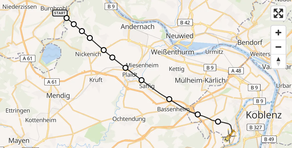 Flugroute Ambulanzhubschrauber Lützingen - Güls, 11 Februar 2026, 11:24