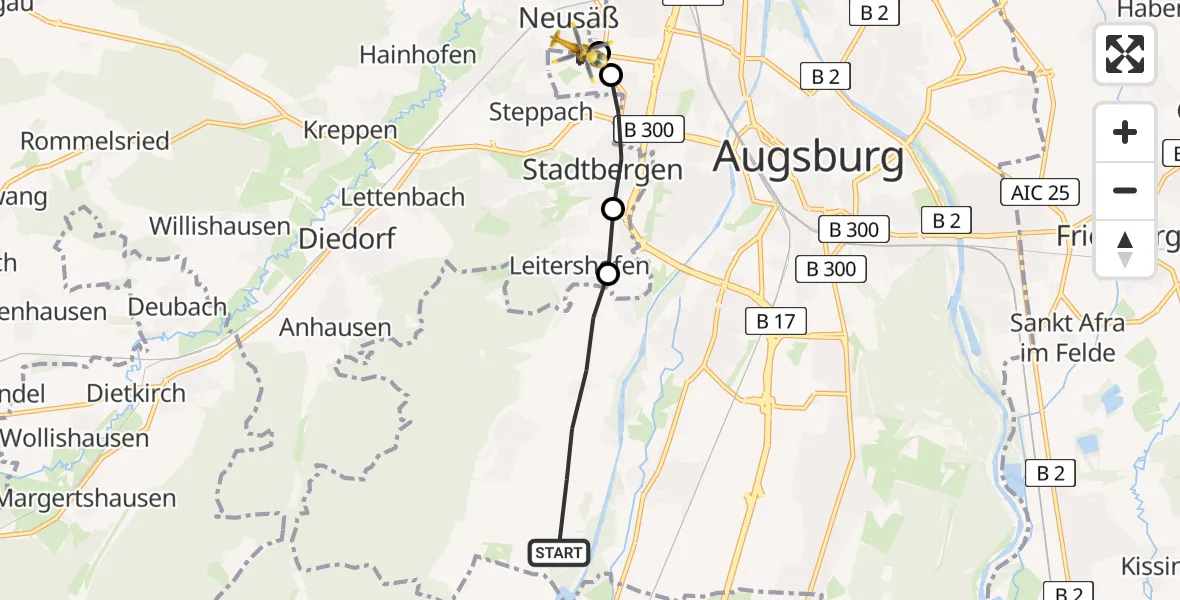 Flugroute Rettungshubschrauber Augsburg - Augsburg University Hospital Heliport, 11 Februar 2026, 11:41
