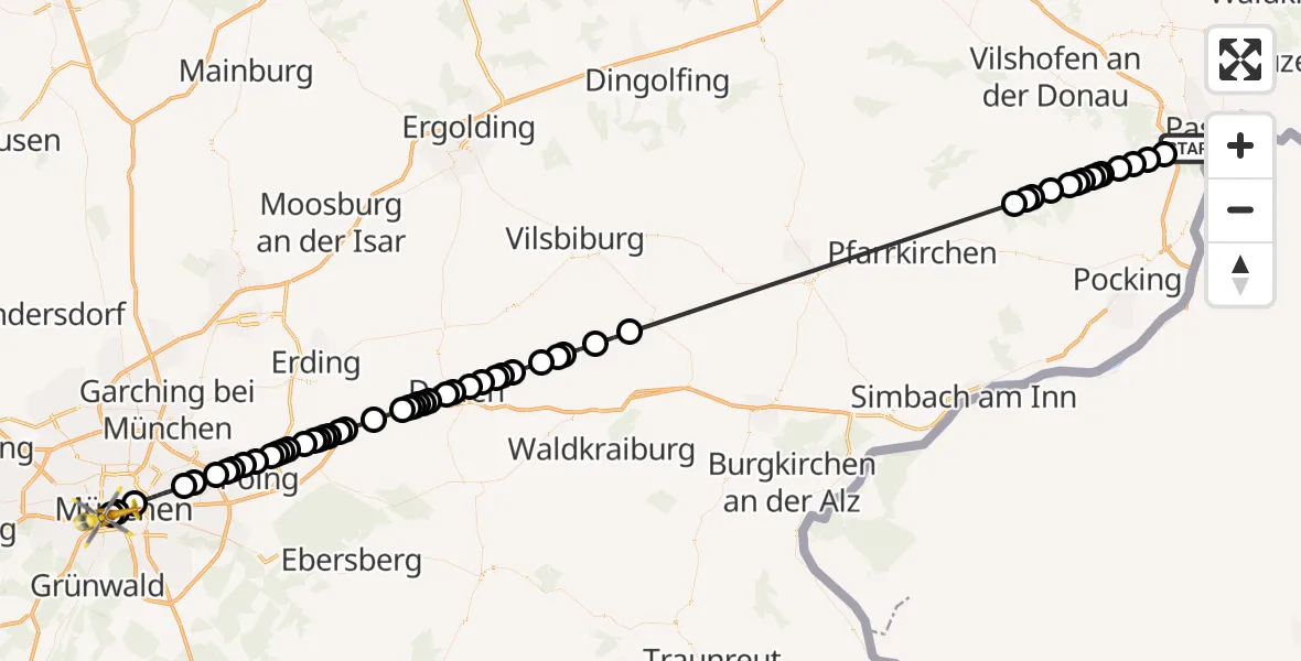 Flugroute Ambulanzhubschrauber Passau - Ludwigsvorstadt-Isarvorstadt, 11 Februar 2026, 11:41