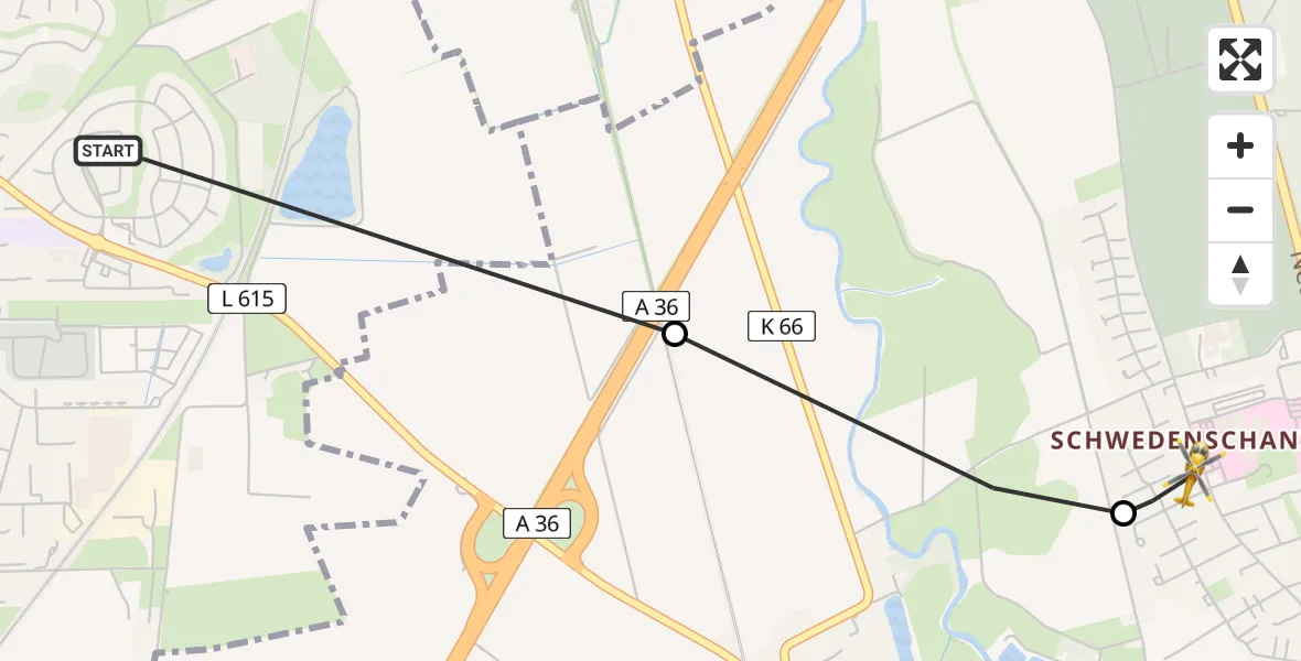 Flugroute Rettungshubschrauber Ortschaft SZ-Nord-Ost - Wolfenbüttel Municipal Hospital Heliport (Christoph 30), 11 Februar 2026, 12:05