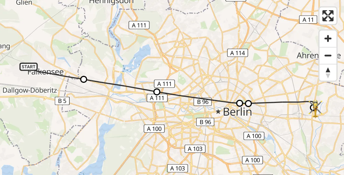 Flugroute Rettungshubschrauber Falkensee - Berlin Emergency Hospital Heliport, 11 Februar 2026, 12:12