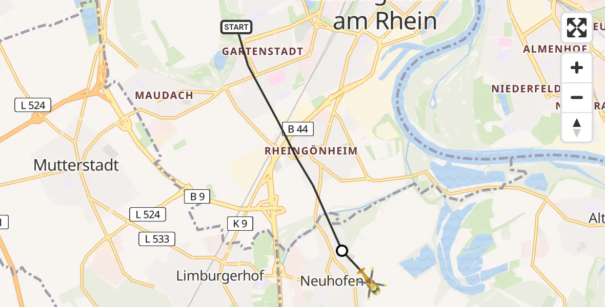 Flugroute Rettungshubschrauber Ludwigshafen am Rhein - Neuhofen, 11 Februar 2026, 12:12