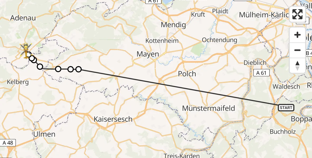 Flugroute Ambulanzhubschrauber Boppard - Nürburgring Heliport, 11 Februar 2026, 12:31