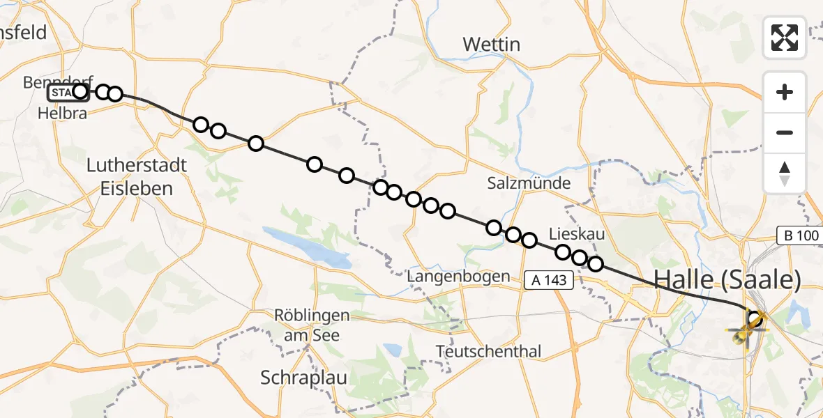 Flugroute Rettungshubschrauber Benndorf - BG Hospital Bergmannstrost Halle Heliport, 11 Februar 2026, 12:33