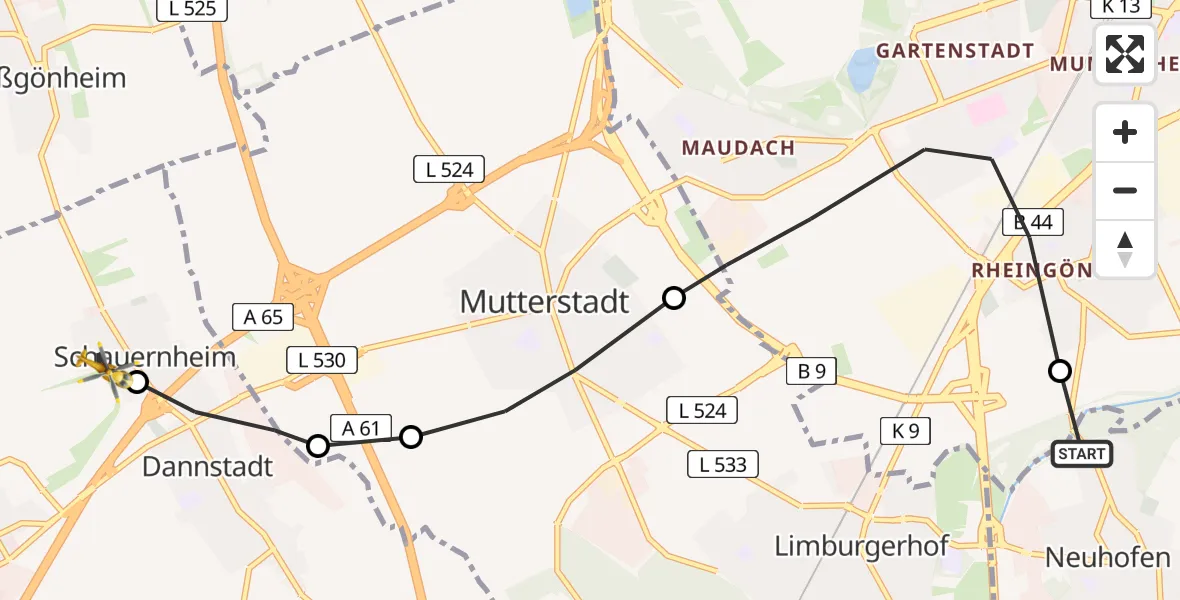 Flugroute Rettungshubschrauber Neuhofen - Schauernheim, 11 Februar 2026, 12:45