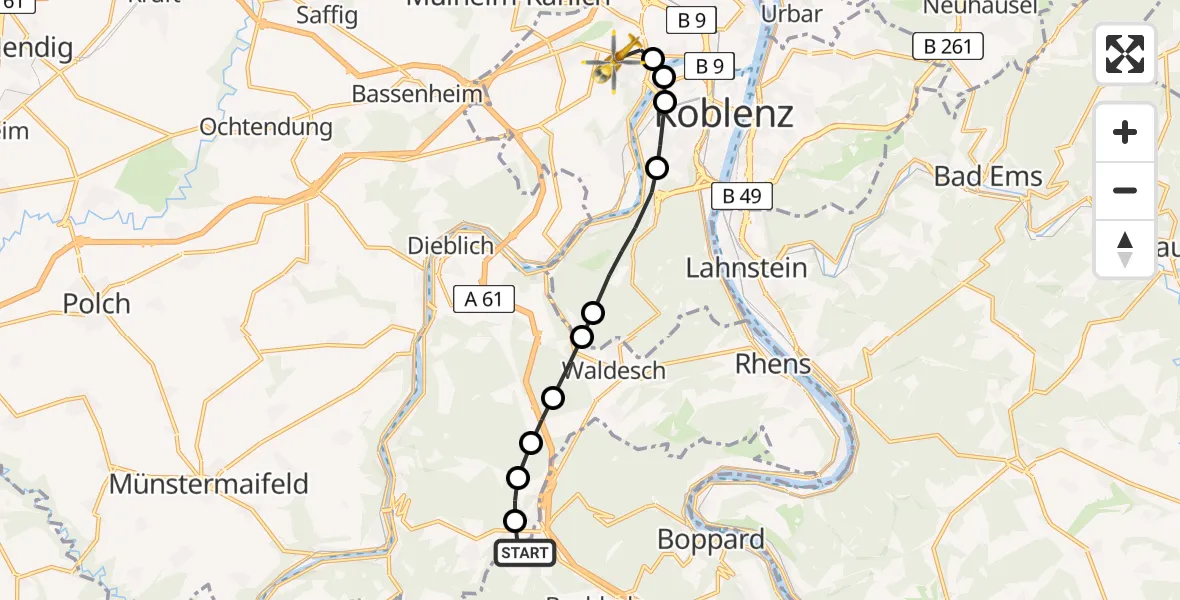 Flugroute Rettungshubschrauber Udenhausen - Koblenz, 11 Februar 2026, 12:52