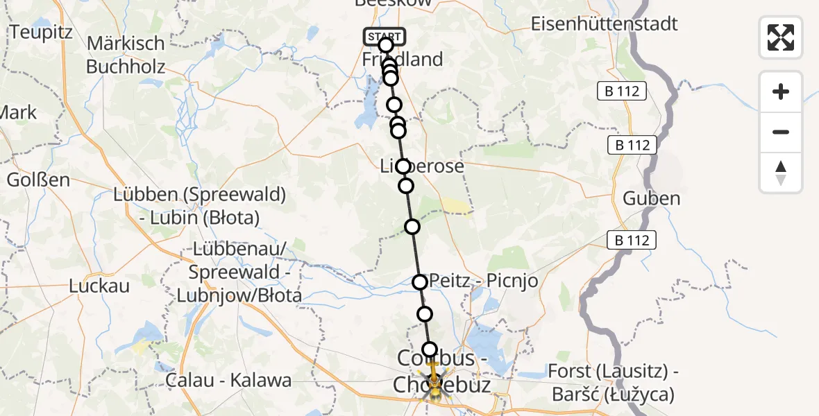 Routekaart van de vlucht: Ambulanzhubschrauber nach Carl Thien Hospital Cottbus Heliport