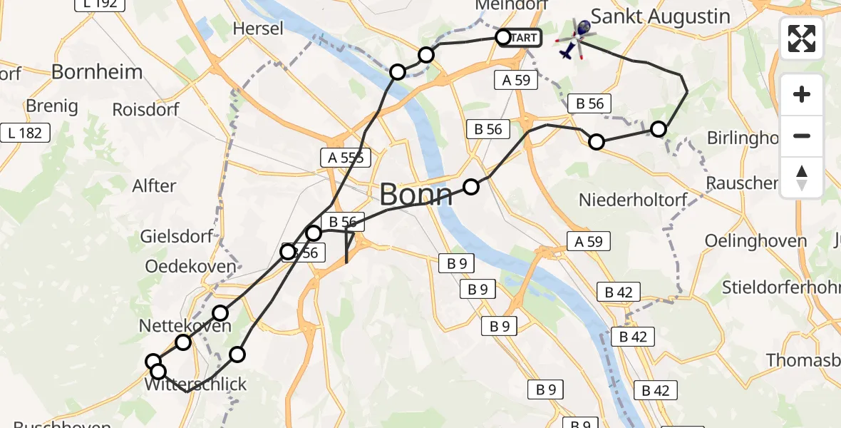 Flugroute Polizeihubschrauber Sankt Augustin - Bonn-Hangelar Airfield, 11 Februar 2026, 12:56