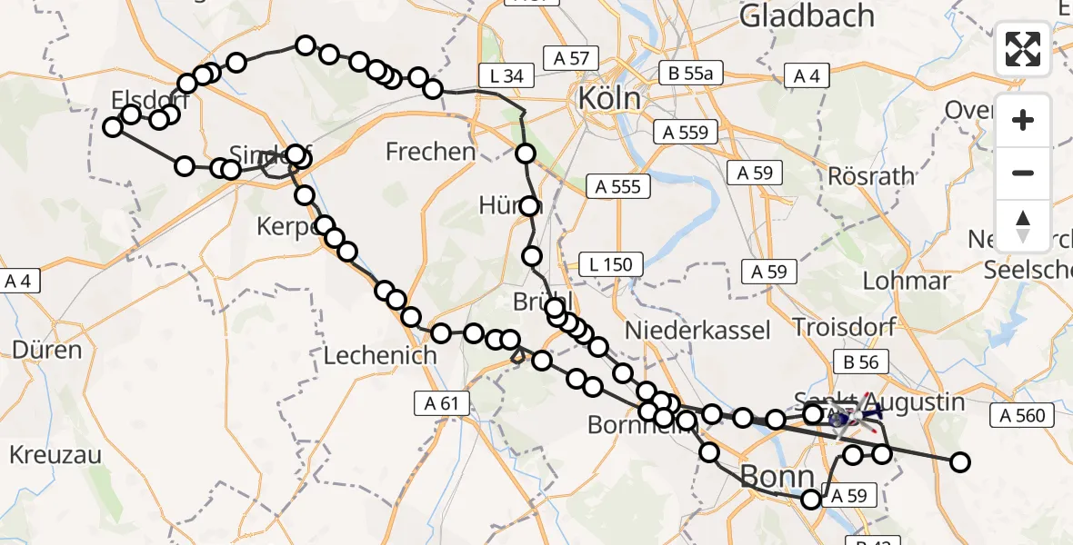 Flugroute Polizeihubschrauber Meindorf - Sankt Augustin, 11 Februar 2026, 12:58