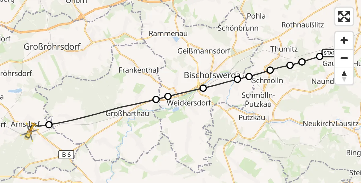 Flugroute Rettungshubschrauber Gaußig - Arnsdorf, 11 Februar 2026, 13:03