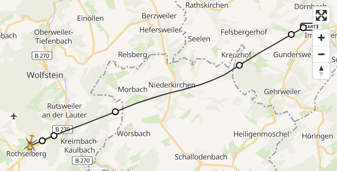 Flugroute Rettungshubschrauber Imsweiler UL - Rothselberg, 11 Februar 2026, 13:03
