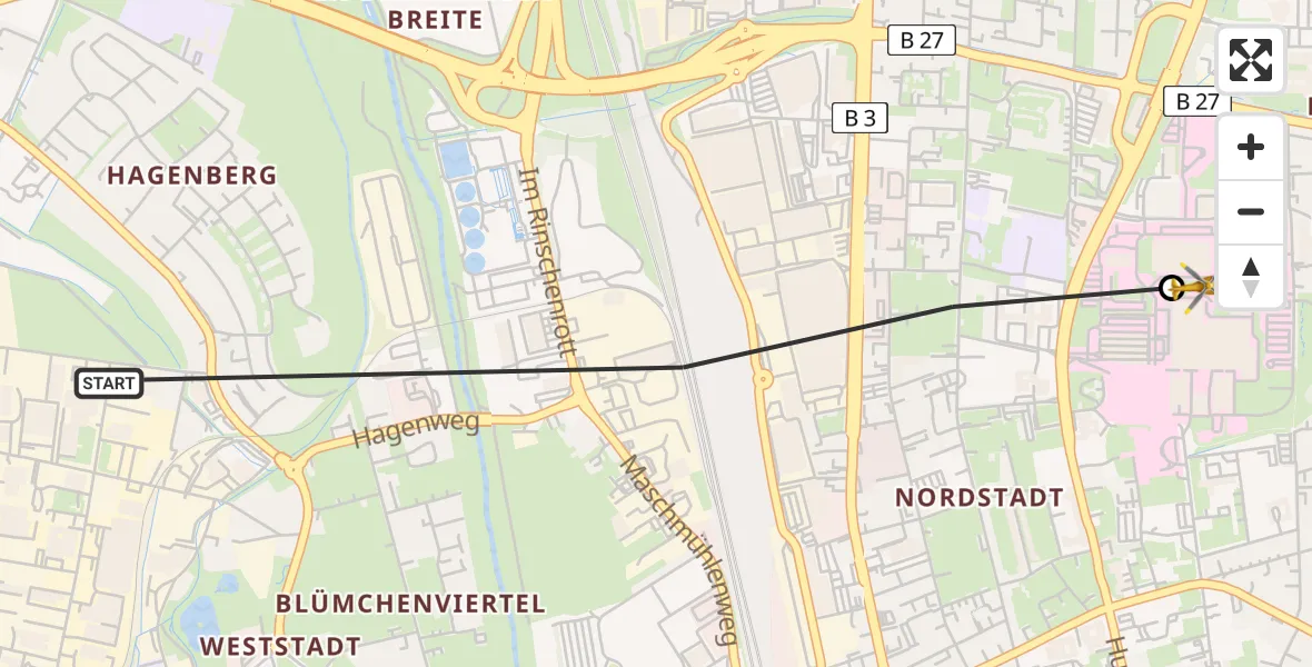 Flugroute Rettungshubschrauber Göttingen - Göttingen University Clinic Heliport, 11 Februar 2026, 13:16