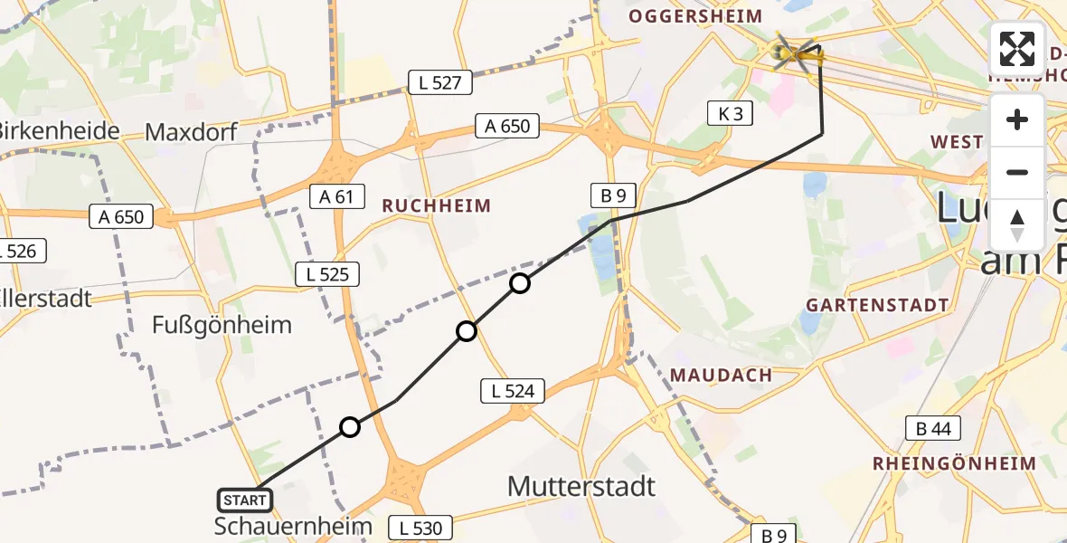 Flugroute Rettungshubschrauber Schauernheim - Ludwigshafen Accident Hospital Heliport, 11 Februar 2026, 13:19