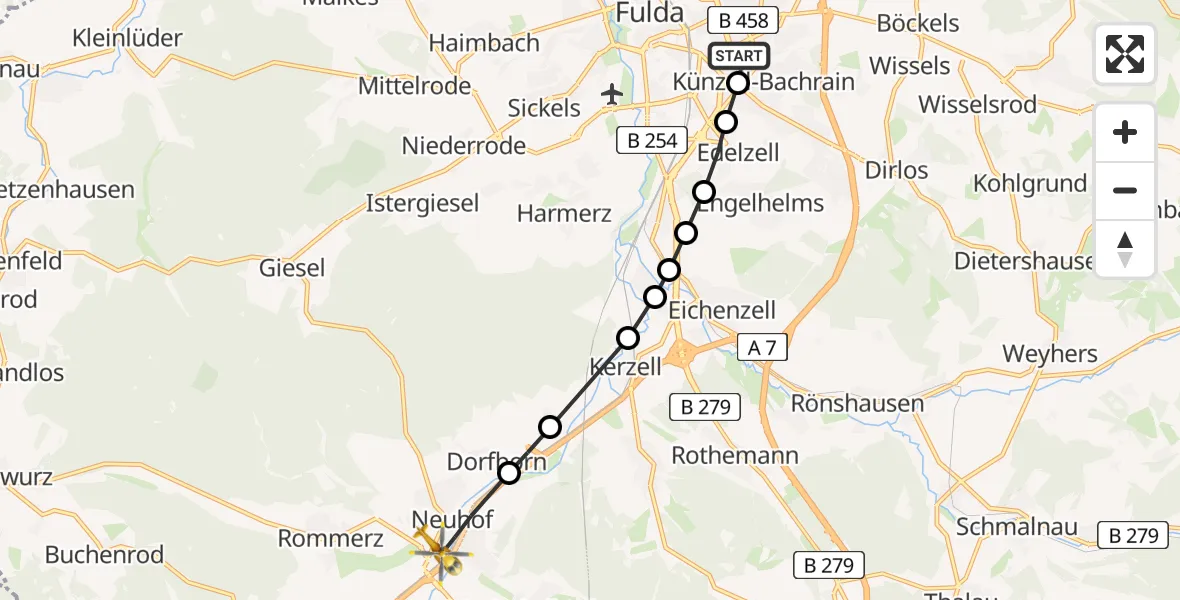 Flugroute Rettungshubschrauber Fulda Hospital Heliport - Neuhof, 11 Februar 2026, 13:29