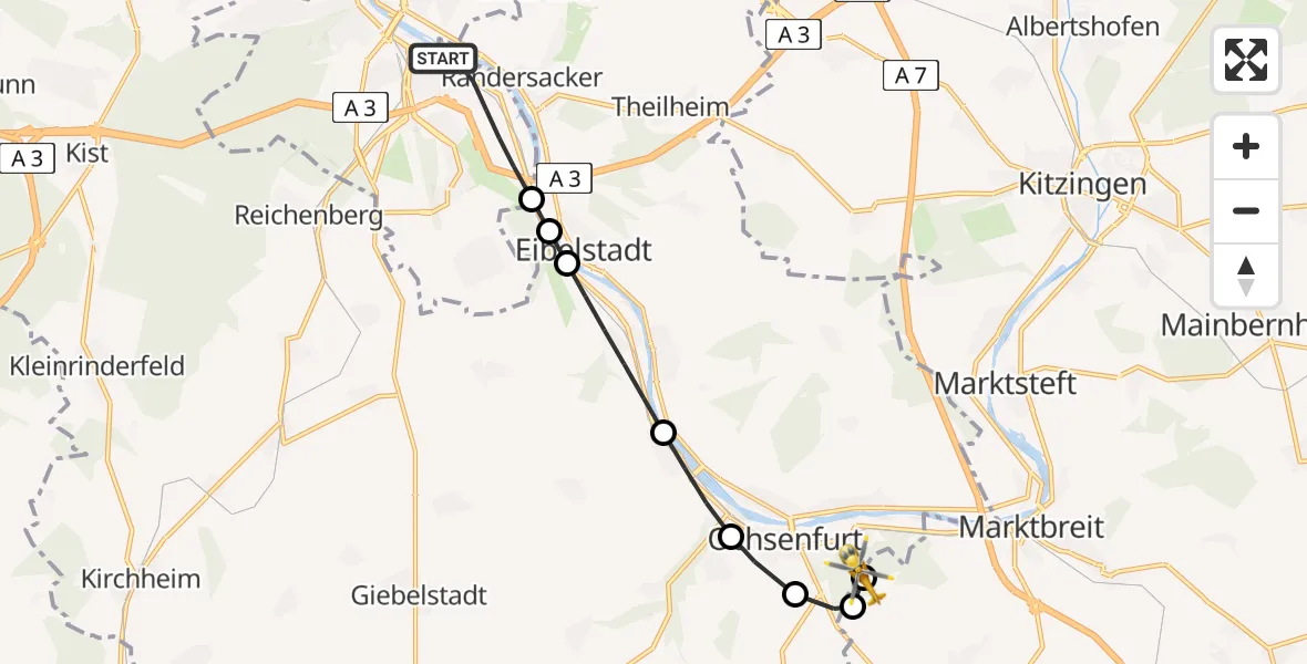 Flugroute Rettungshubschrauber Würzburg - Ochsenfurt Hospital Heliport, 11 Februar 2026, 13:36
