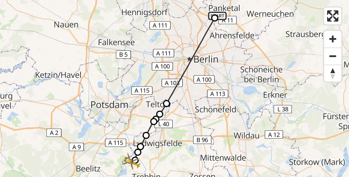 Flugroute Rettungshubschrauber Helios Clinic Berlin-Buch Heliport - Ludwigsfelde, 11 Februar 2026, 13:48