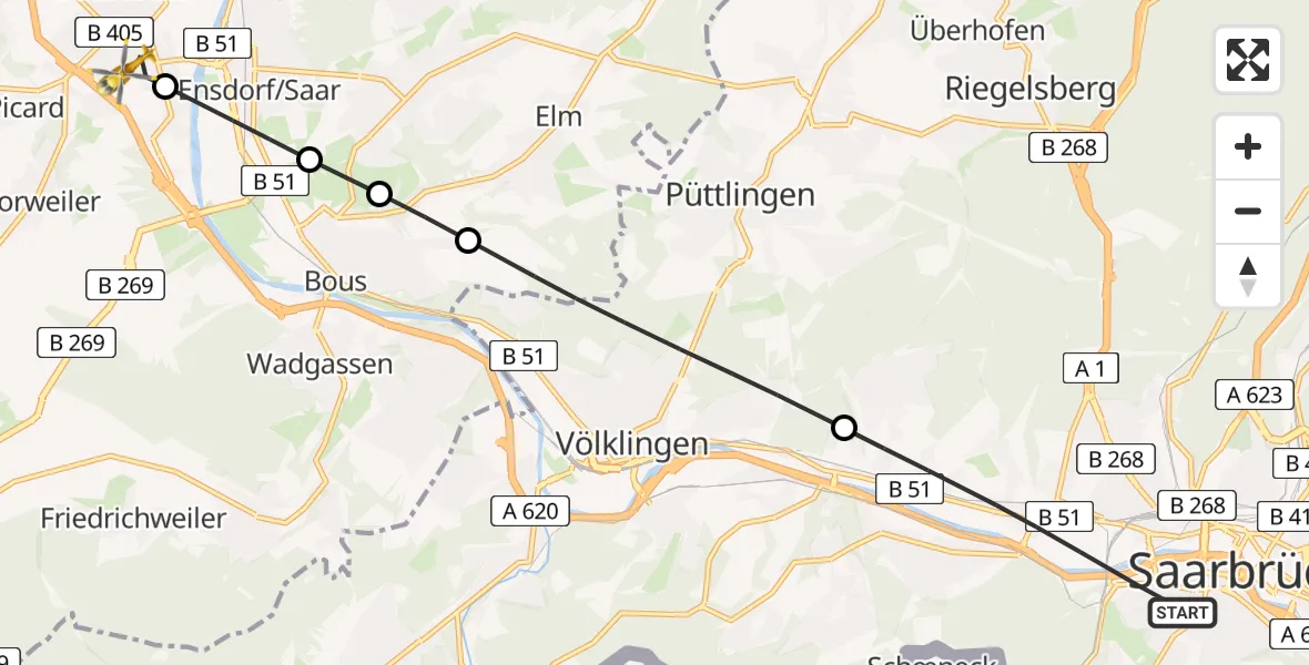 Flugroute Rettungshubschrauber Saarbrücken - Saarlouis, 11 Februar 2026, 13:57