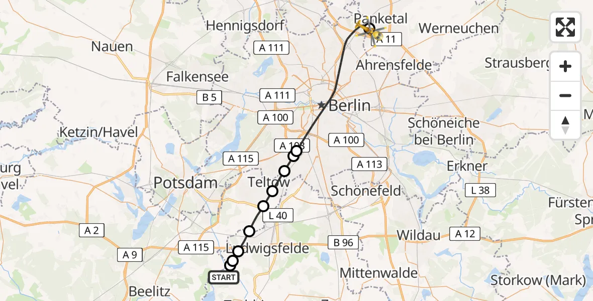 Flugroute Rettungshubschrauber Ludwigsfelde - Helios Clinic Berlin-Buch Heliport, 11 Februar 2026, 14:06