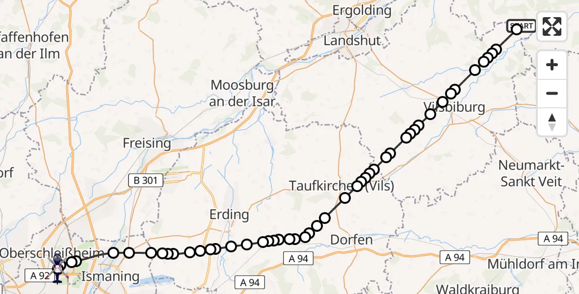 Flugroute Polizeihubschrauber Marklkofen - Oberschleißheim, 11 Februar 2026, 14:15