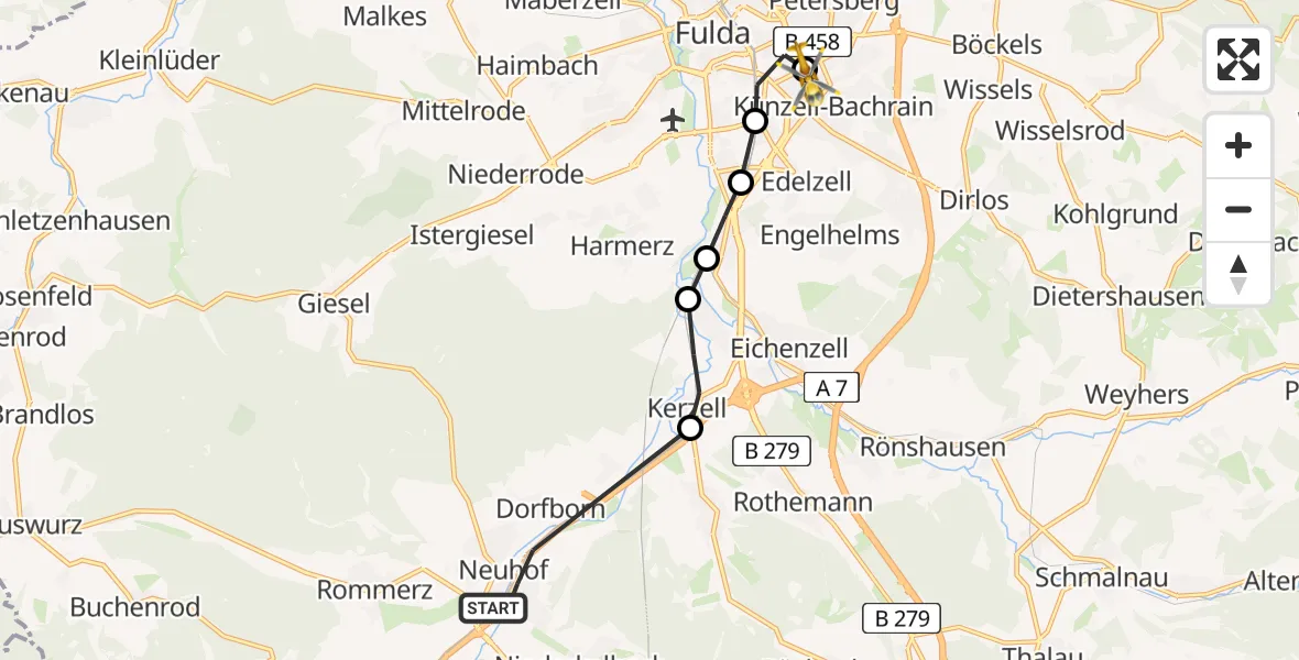 Flugroute Rettungshubschrauber Neuhof - Fulda Hospital Heliport, 11 Februar 2026, 14:15