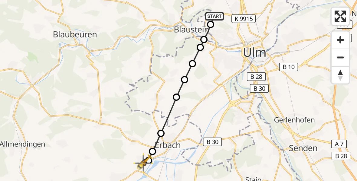 Flugroute Rettungshubschrauber ADAC Air Rescue Station Ulm (Christoph 22) - Erbach, 11 Februar 2026, 14:17