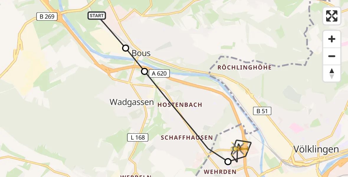 Flugroute Rettungshubschrauber Ensdorf/Saar - Völklingen, 11 Februar 2026, 14:19