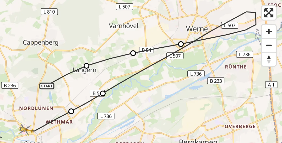Flugroute Rettungshubschrauber Lünen - Sankt Marien Hospital Heliport, 11 Februar 2026, 14:28