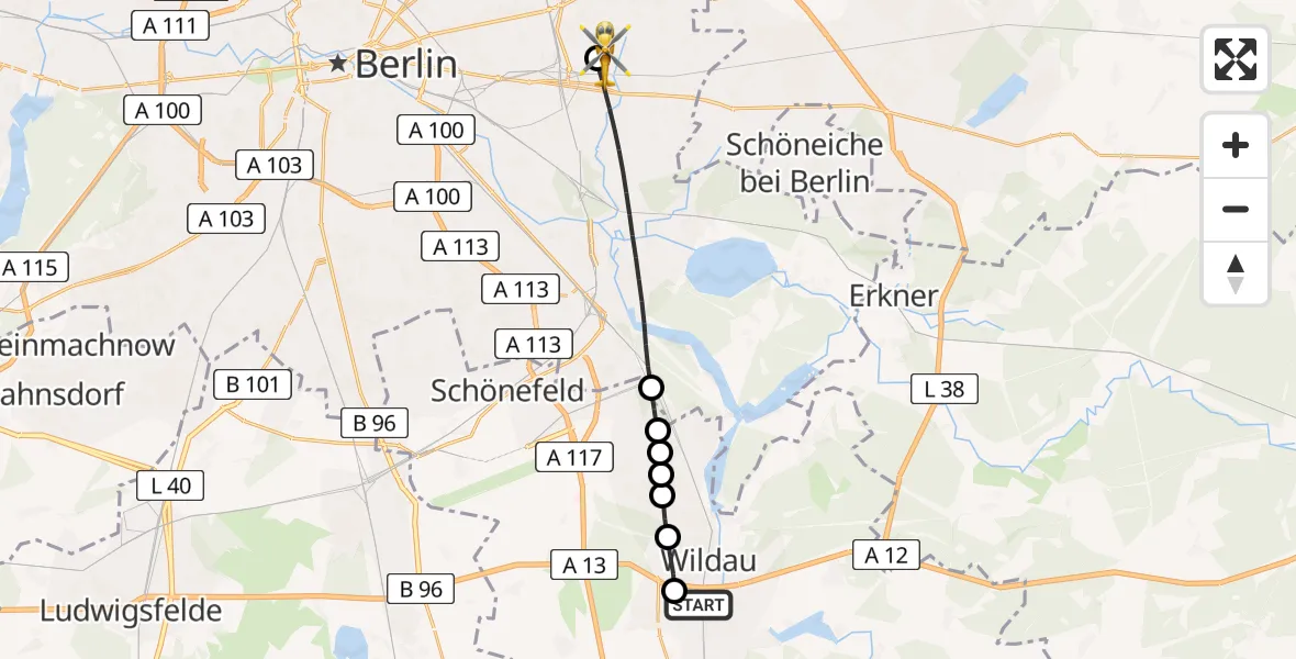 Flugroute Rettungshubschrauber Königs Wusterhausen - Berlin Emergency Hospital Heliport, 11 Februar 2026, 14:33