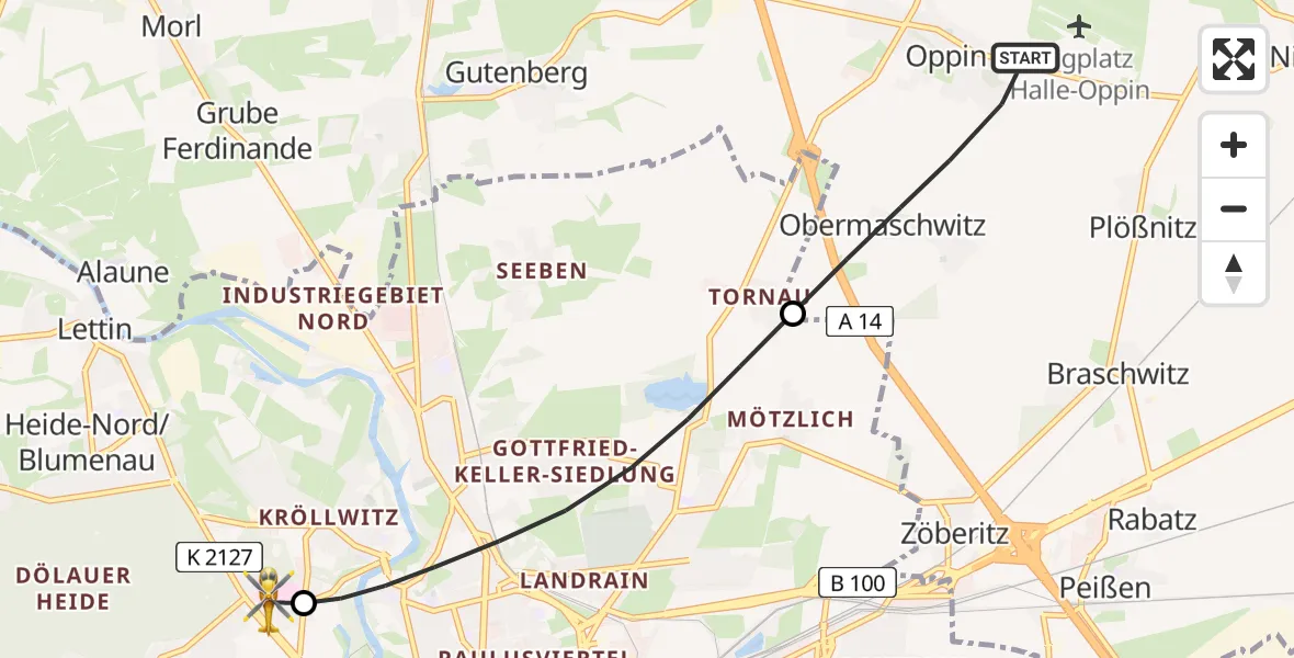 Flugroute Rettungshubschrauber Landsberg - Halle (Saale) University Hospital Heliport, 11 Februar 2026, 14:35