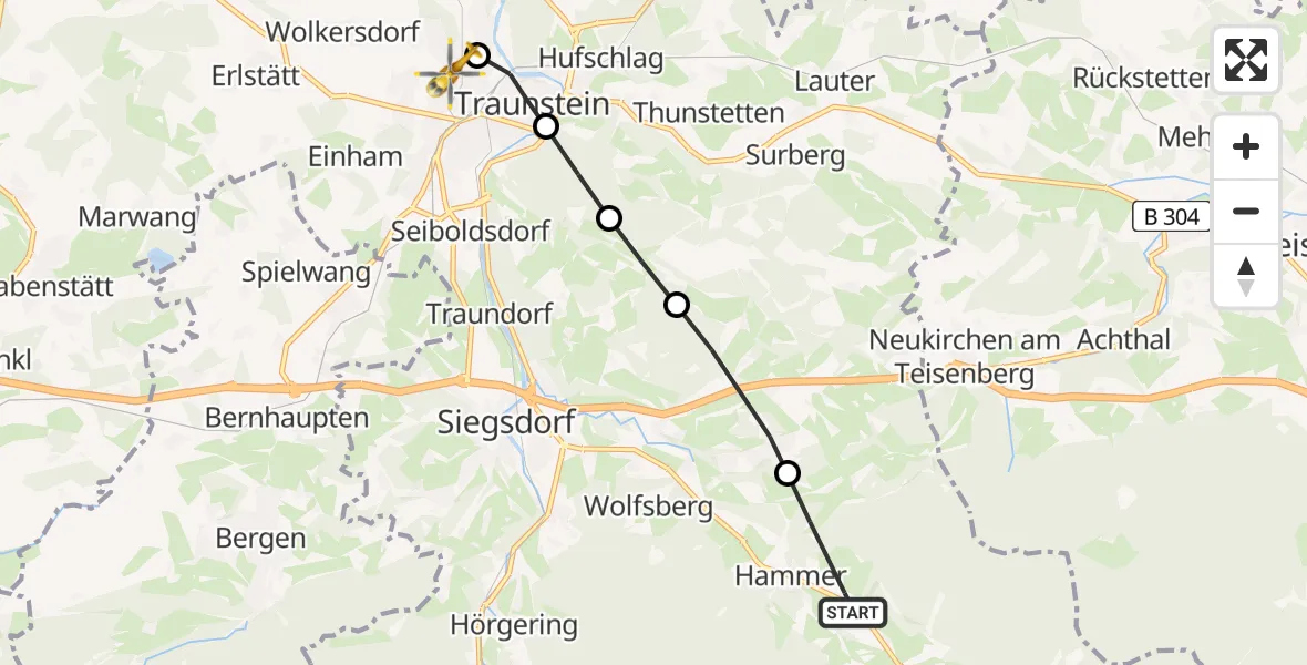 Flugroute Rettungshubschrauber Hammer - Traunstein Hospital Helipad, 11 Februar 2026, 14:37