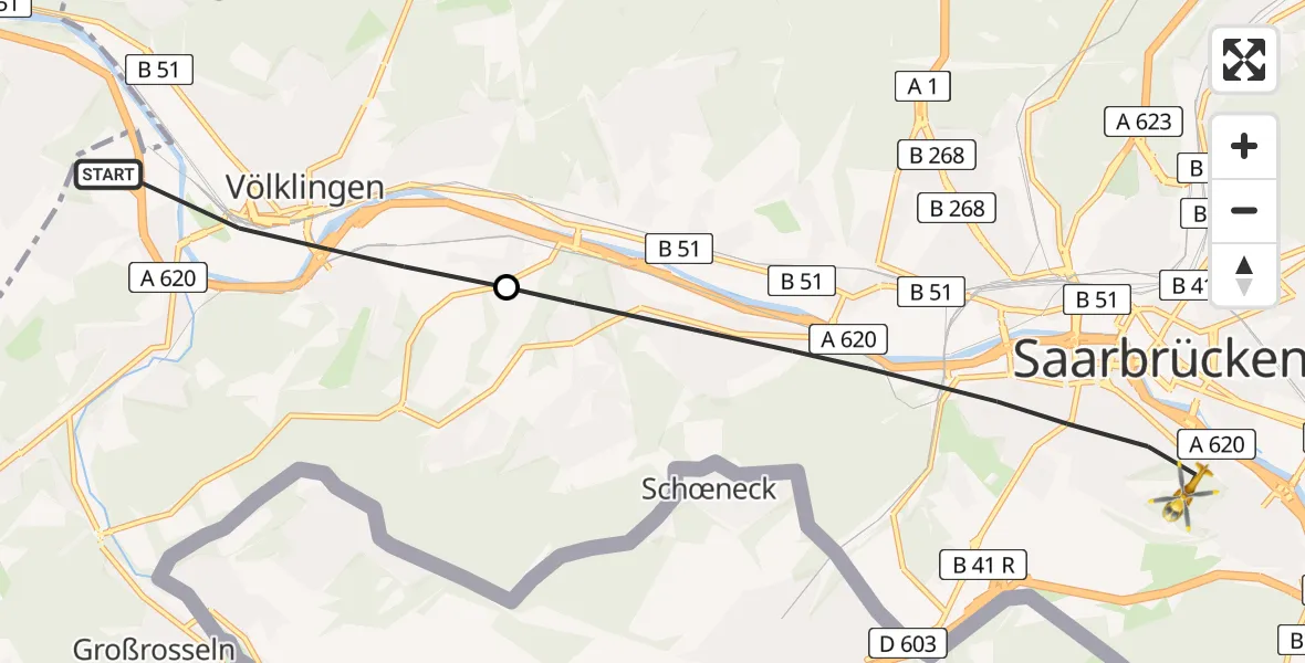 Flugroute Rettungshubschrauber Völklingen - Saarbrücken, 11 Februar 2026, 14:47