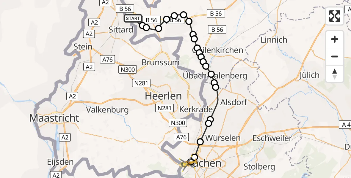 Flugroute Rettungshubschrauber Tüddern - Aachen Hospital Heliport, 11 Februar 2026, 14:58