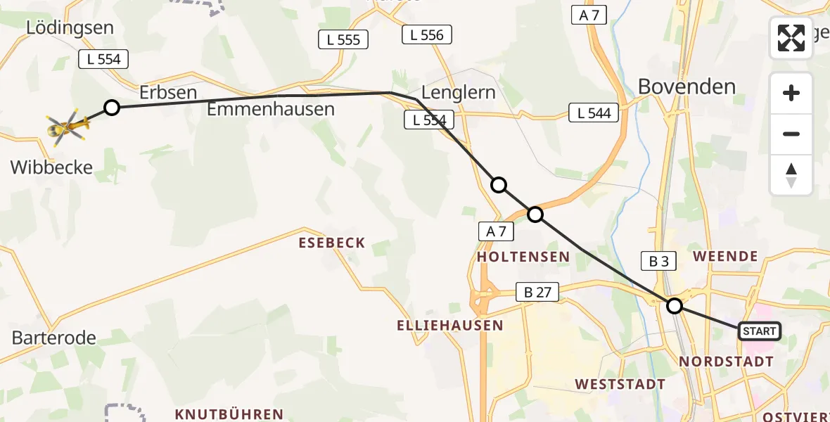 Flugroute Rettungshubschrauber Göttingen University Clinic Heliport - Adelebsen, 11 Februar 2026, 15:04