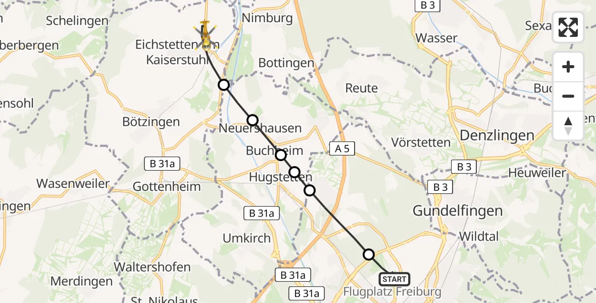 Flugroute Rettungshubschrauber Freiburg im Breisgau Airfield - Eichstetten am Kaiserstuhl, 11 Februar 2026, 15:07