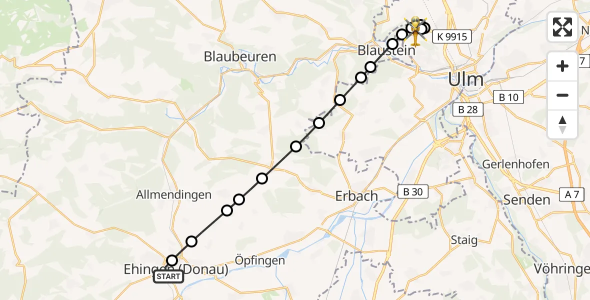 Routekaart van de vlucht: Rettungshubschrauber nach ADAC Air Rescue Station Ulm (Christoph 22)