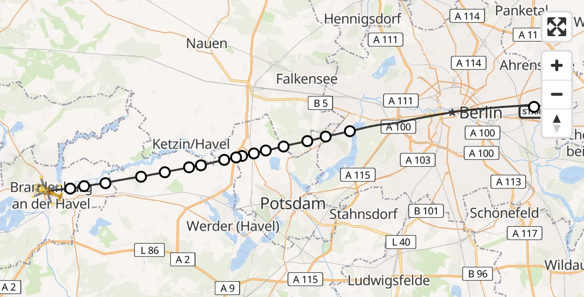 Flugroute Rettungshubschrauber Berlin Emergency Hospital Heliport - Brandenburg an der Havel, 11 Februar 2026, 15:18