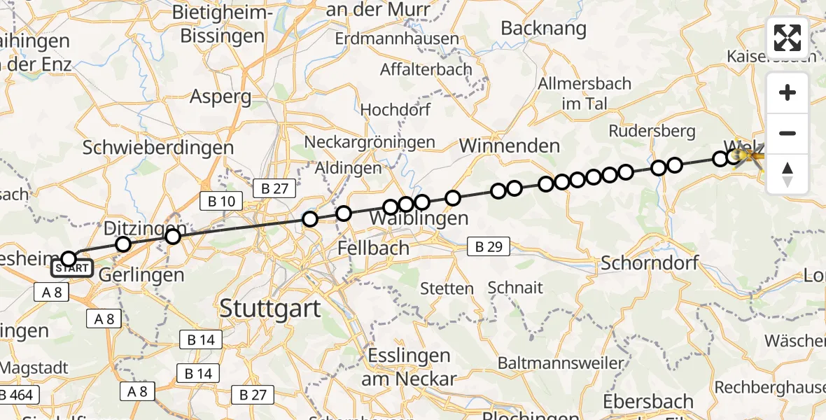 Flugroute Rettungshubschrauber Leonberg Hospital Heliport - Welzheim, 11 Februar 2026, 15:24