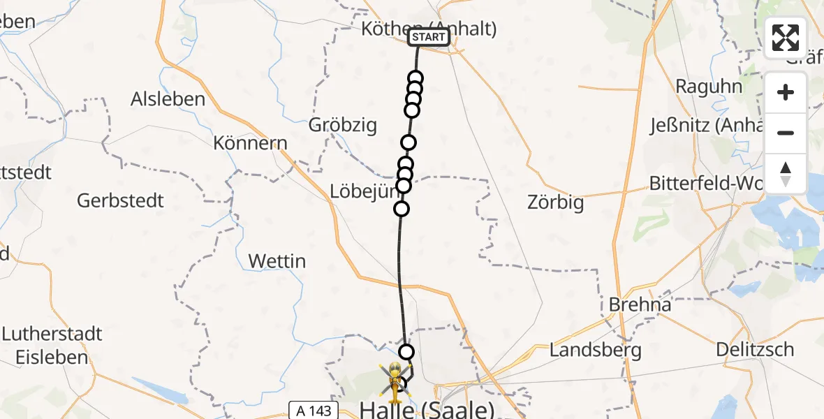 Flugroute Rettungshubschrauber Köthen (Anhalt) - Halle (Saale) University Hospital Heliport, 11 Februar 2026, 15:37