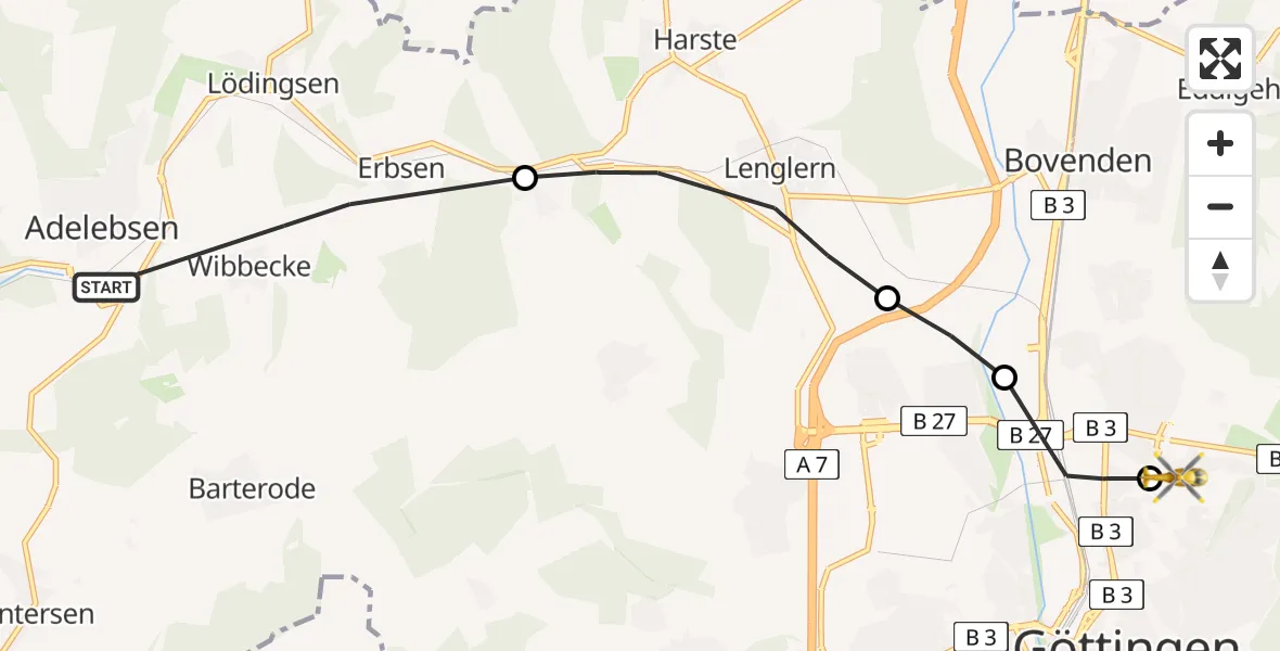 Flugroute Rettungshubschrauber Adelebsen - Göttingen University Clinic Heliport, 11 Februar 2026, 15:42