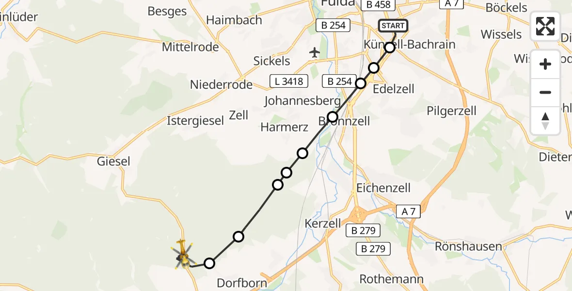 Flugroute Rettungshubschrauber Fulda Hospital Heliport - Neuhof, 11 Februar 2026, 15:45