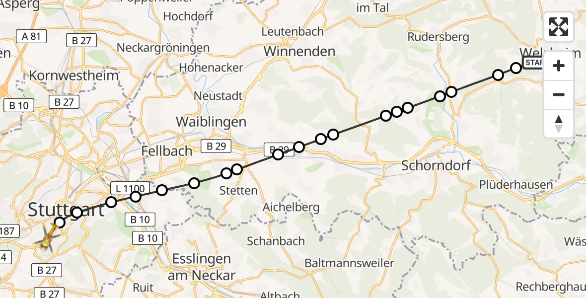 Flugroute Rettungshubschrauber Welzheim - Stuttgart-Süd, 11 Februar 2026, 15:55