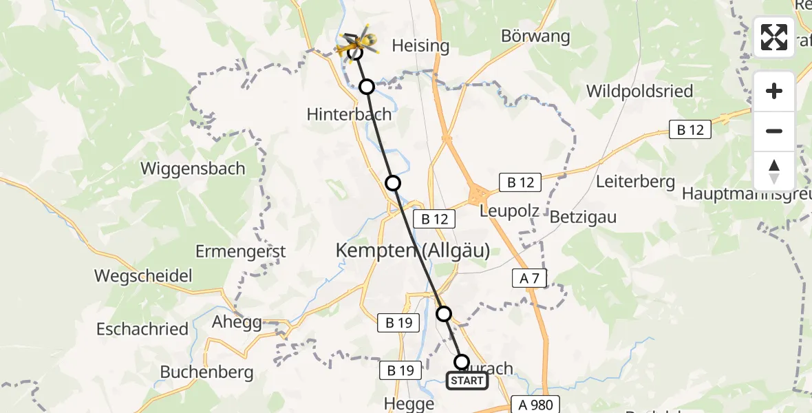 Flugroute Rettungshubschrauber Kempten-Durach Airfield - Lauben, 11 Februar 2026, 15:55