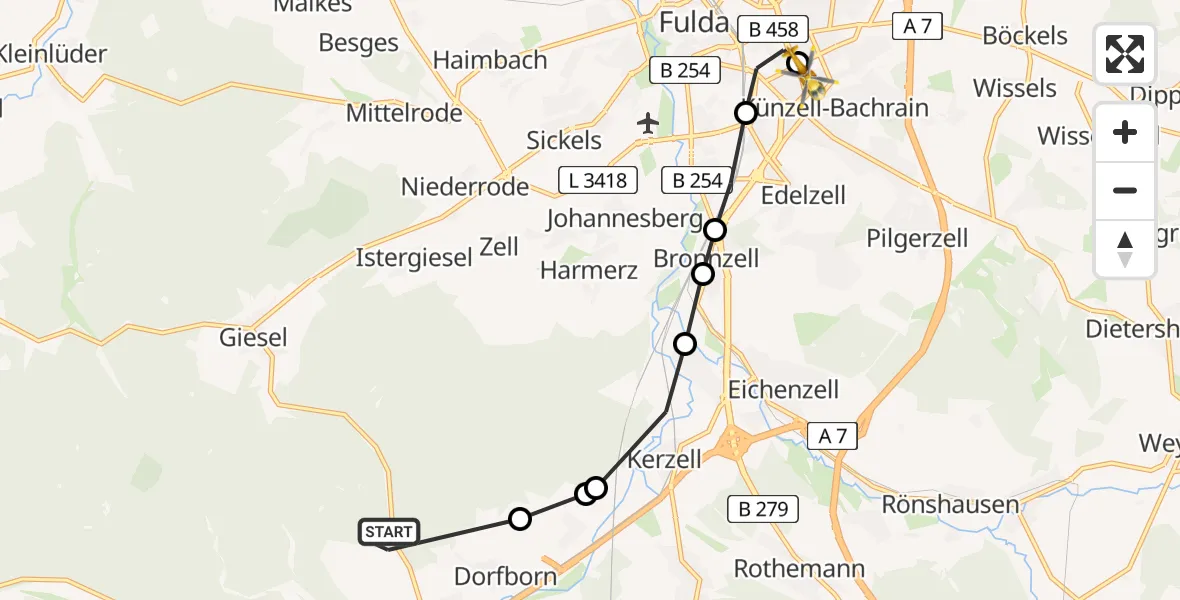 Flugroute Rettungshubschrauber Neuhof - Fulda Hospital Heliport, 11 Februar 2026, 16:13