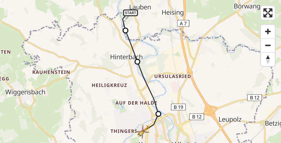 Routekaart van de vlucht: Rettungshubschrauber nach Kempten (Allgäu), Bischof-Freundorfer-Weg