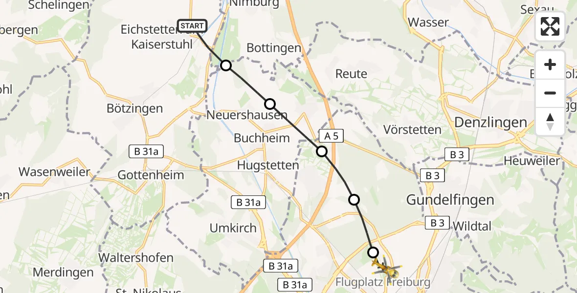 Flugroute Rettungshubschrauber Eichstetten am Kaiserstuhl - Freiburg im Breisgau Airfield, 11 Februar 2026, 16:19
